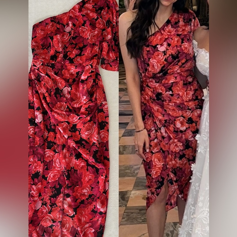 One shoulder red floral dress